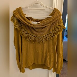 Mustard Fringe Cowl Neck Sweater